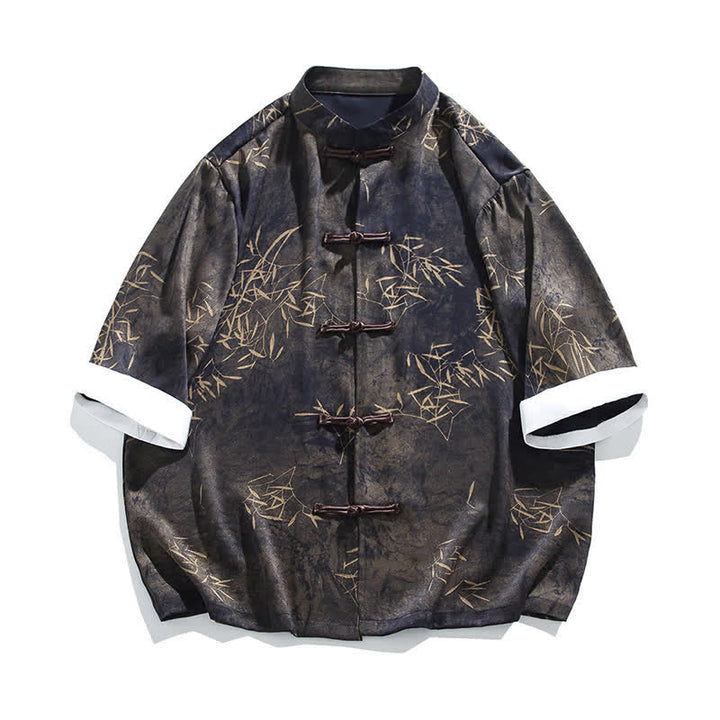 Buddha Stones Camisa de manga tres cuartos para hombre con estampado de bambú veraniego, cuello mandarín y botones de rana. - image 6