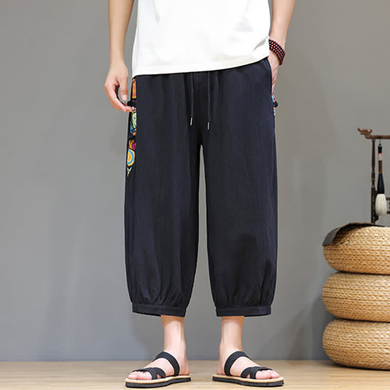 Buddha Stones Pantalones capri de hombre con cintura ajustable, diseño tribal veraniego, rayas laterales y cordón, con bolsillos. - image 10