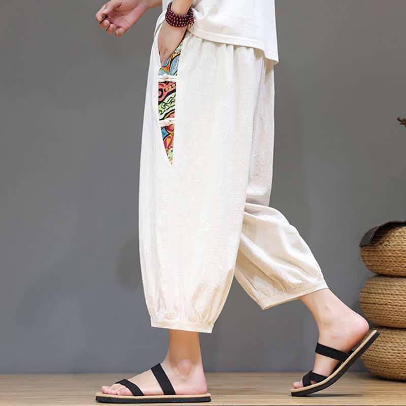 Buddha Stones Pantalones capri de hombre con cintura ajustable, diseño tribal veraniego, rayas laterales y cordón, con bolsillos. - image 5