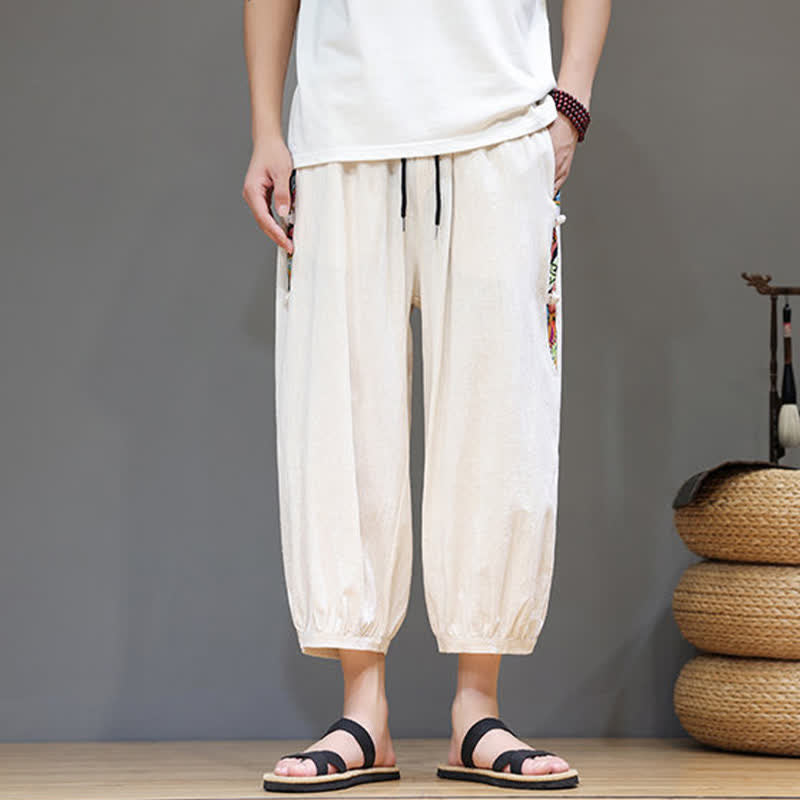 Buddha Stones Pantalones capri de hombre con cintura ajustable, diseño tribal veraniego, rayas laterales y cordón, con bolsillos. - image 1