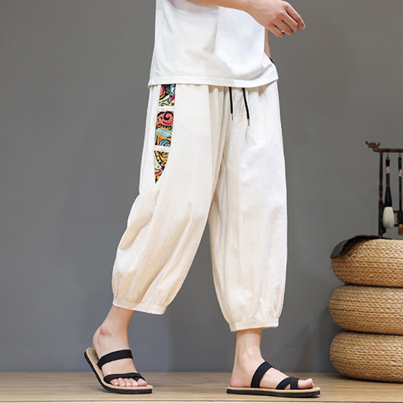Buddha Stones Pantalones capri de hombre con cintura ajustable, diseño tribal veraniego, rayas laterales y cordón, con bolsillos. - image 3