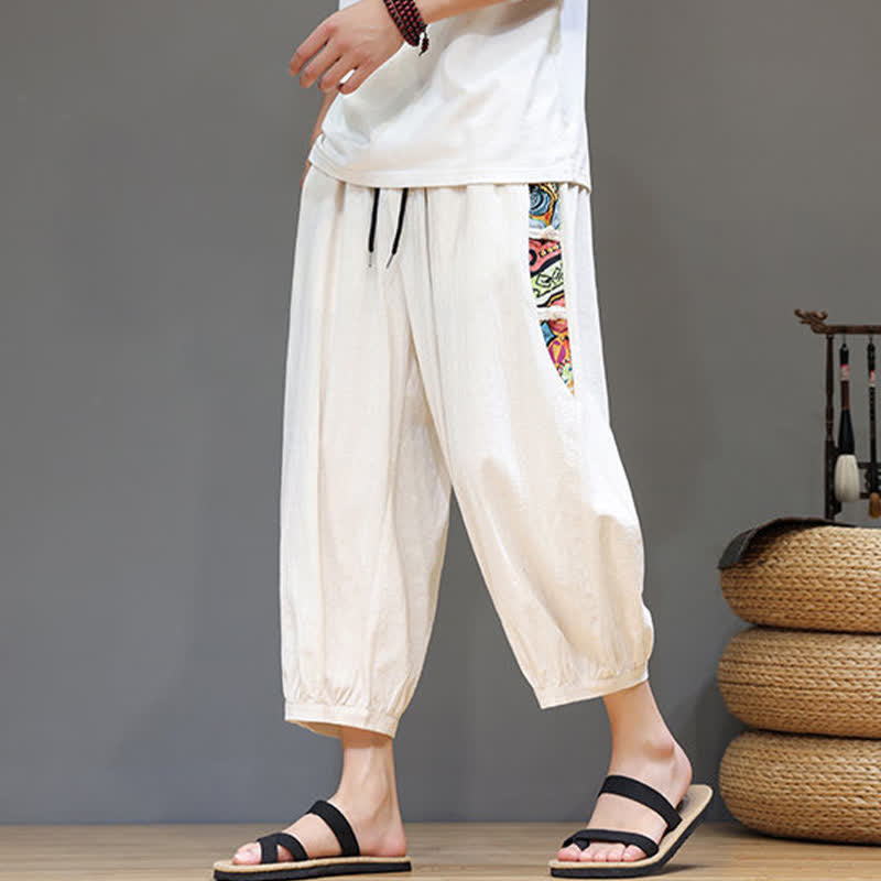 Buddha Stones Pantalones capri de hombre con cintura ajustable, diseño tribal veraniego, rayas laterales y cordón, con bolsillos. - Beige - US/UK/AU46, EU56 (5XL) - image 0