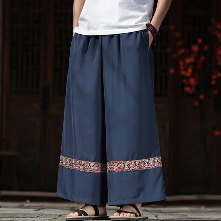 Buddha Stones Pantalones de hombre de algodón con dobladillo bordado, cintura elástica, pernera ancha y bolsillos, ideales para el verano. - image 4