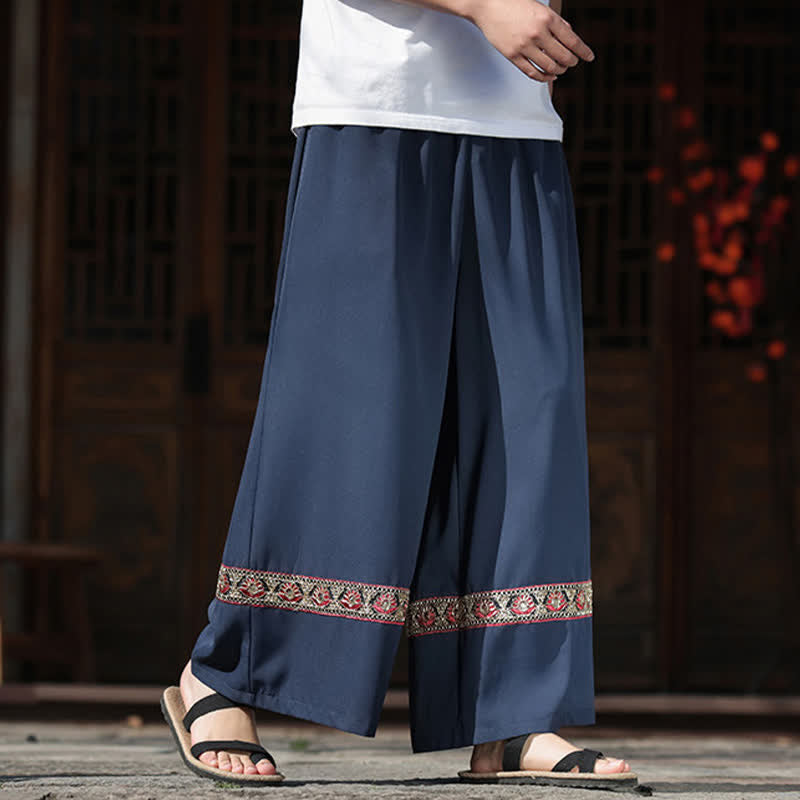 Buddha Stones Pantalones de hombre de algodón con dobladillo bordado, cintura elástica, pernera ancha y bolsillos, ideales para el verano. - image 5