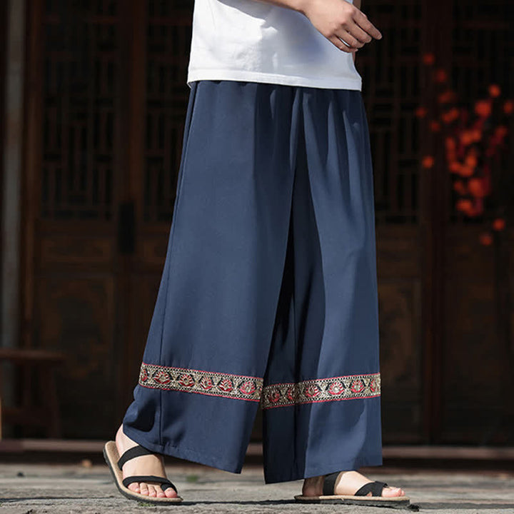 Buddha Stones Pantalones de hombre de algodón con dobladillo bordado, cintura elástica, pernera ancha y bolsillos, ideales para el verano. - image 5