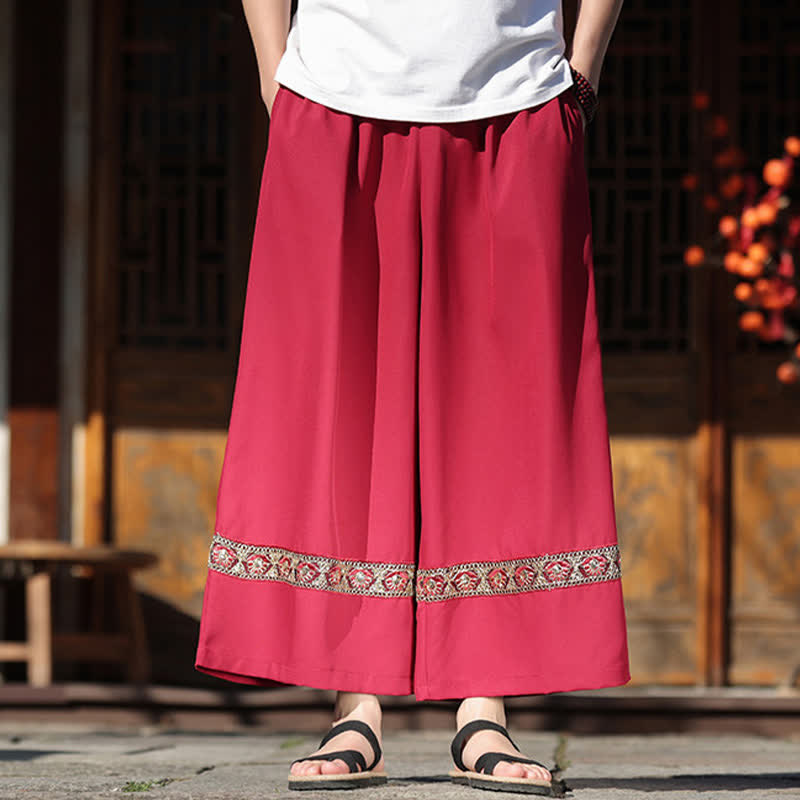 Buddha Stones Pantalones de hombre de algodón con dobladillo bordado, cintura elástica, pernera ancha y bolsillos, ideales para el verano. - image 8