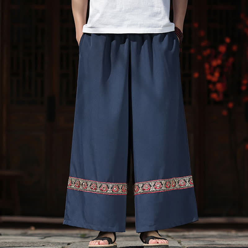 Buddha Stones Pantalones de hombre de algodón con dobladillo bordado, cintura elástica, pernera ancha y bolsillos, ideales para el verano. - image 1