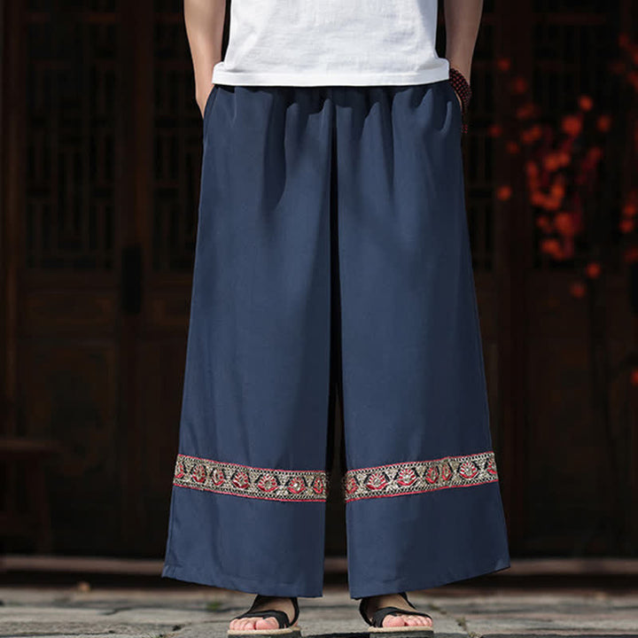 Buddha Stones Pantalones de hombre de algodón con dobladillo bordado, cintura elástica, pernera ancha y bolsillos, ideales para el verano. - image 1