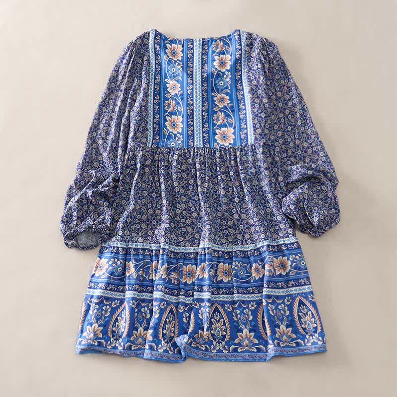 Buddha Stones Minivestido de mujer de algodón con estampado floral paisley estilo boho otoñal, mangas tres cuartos, mangas abullonadas y cuello con lazo. - Azul real - US2, UK/AU6, EU34 (S) - image 1