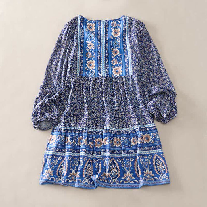 Buddha Stones Minivestido de mujer de algodón con estampado floral paisley estilo boho otoñal, mangas tres cuartos, mangas abullonadas y cuello con lazo. - Azul real - US2, UK/AU6, EU34 (S) - image 1