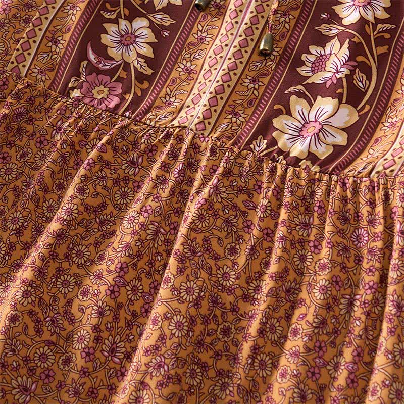 Buddha Stones Minivestido de mujer de algodón con estampado floral paisley estilo boho otoñal, mangas tres cuartos, mangas abullonadas y cuello con lazo. - image 9