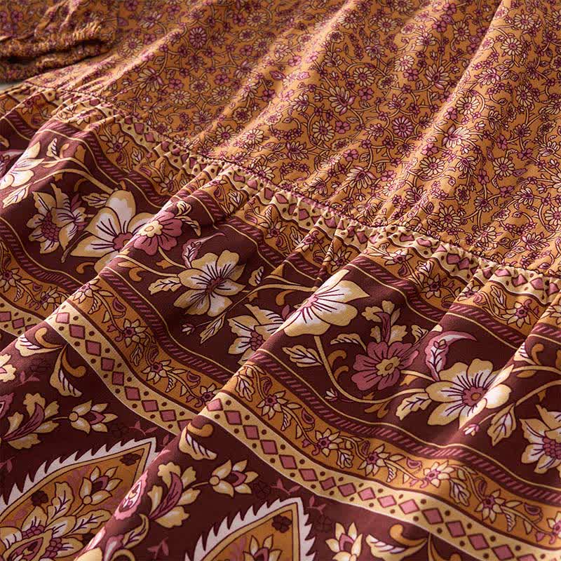 Buddha Stones Minivestido de mujer de algodón con estampado floral paisley estilo boho otoñal, mangas tres cuartos, mangas abullonadas y cuello con lazo. - image 10