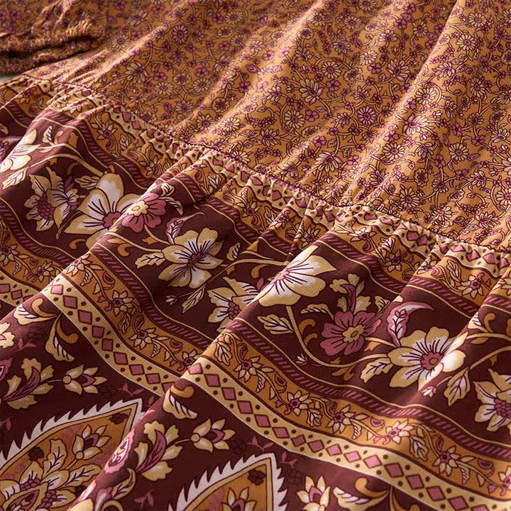 Buddha Stones Minivestido de mujer de algodón con estampado floral paisley estilo boho otoñal, mangas tres cuartos, mangas abullonadas y cuello con lazo. - image 10