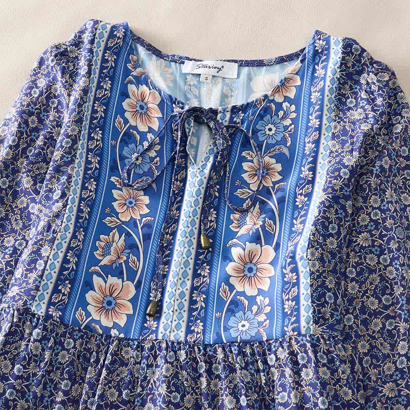 Buddha Stones Minivestido de mujer de algodón con estampado floral paisley estilo boho otoñal, mangas tres cuartos, mangas abullonadas y cuello con lazo. - image 2
