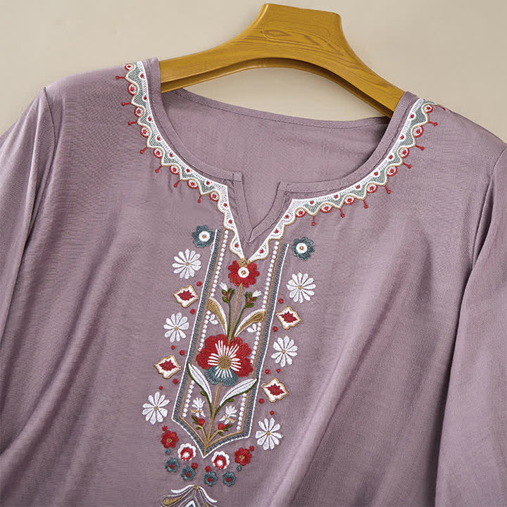 Buddha Stones Camisetas de manga tres cuartos para mujer, estilo bohemio primaveral, de algodón y lino, bordadas. - image 9