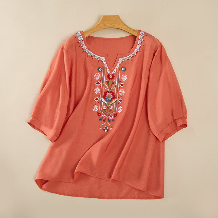 Buddha Stones Camisetas de manga tres cuartos para mujer, estilo bohemio primaveral, de algodón y lino, bordadas. - Naranja - US16，UK/AU20，EU48 (3XL) - image 0