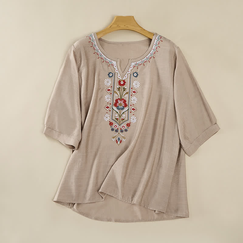 Buddha Stones Camisetas de manga tres cuartos para mujer, estilo bohemio primaveral, de algodón y lino, bordadas. - Caqui oscuro - US16，UK/AU20，EU48 (3XL) - image 18