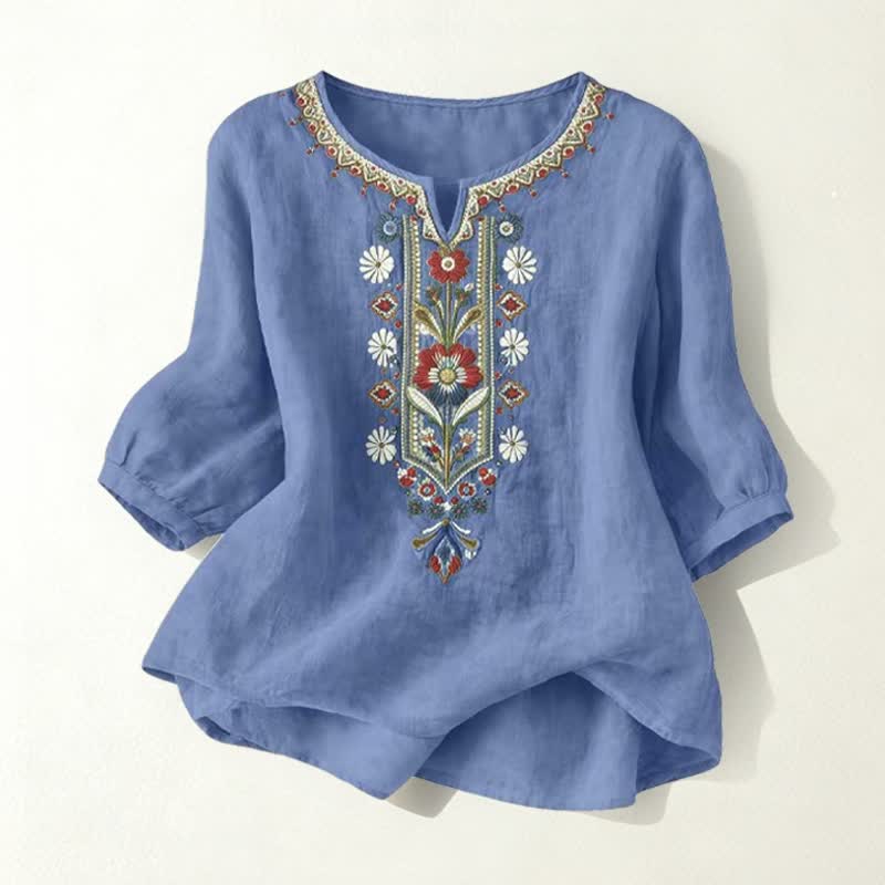Camisetas de manga tres cuartos para mujer con bordado de Buddha Stones y estilo bohemio primaveral. - Azul vaquero - US16，UK/AU20，EU48 (3XL) - image 26