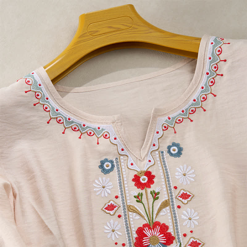 Buddha Stones Camisetas de manga tres cuartos para mujer, estilo bohemio primaveral, de algodón y lino, bordadas. - image 15