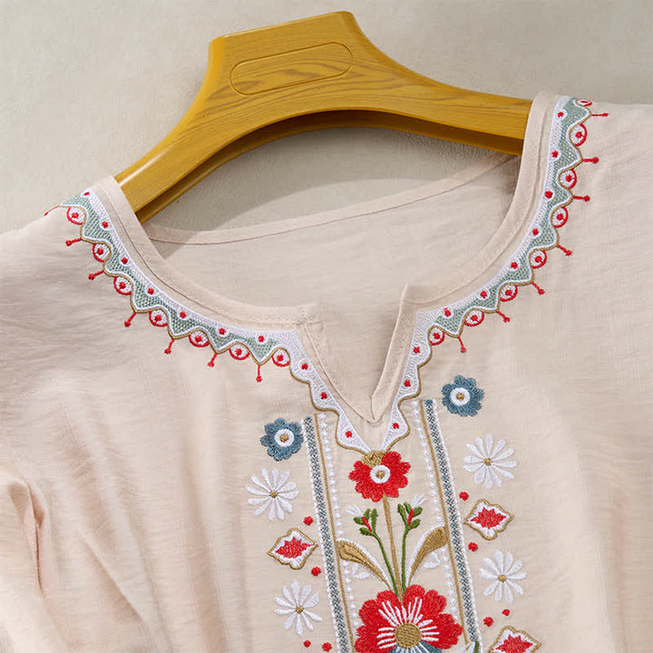 Buddha Stones Camisetas de manga tres cuartos para mujer, estilo bohemio primaveral, de algodón y lino, bordadas. - image 15