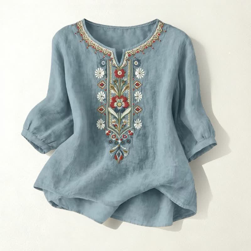 Buddha Stones Camisetas de manga tres cuartos para mujer, estilo bohemio primaveral, de algodón y lino, bordadas. - Verde azulado - US16，UK/AU20，EU48 (3XL) - image 25