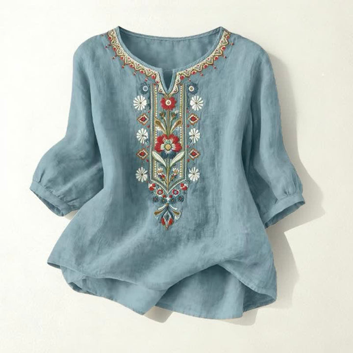 Buddha Stones Camisetas de manga tres cuartos para mujer, estilo bohemio primaveral, de algodón y lino, bordadas. - Verde azulado - US16，UK/AU20，EU48 (3XL) - image 25