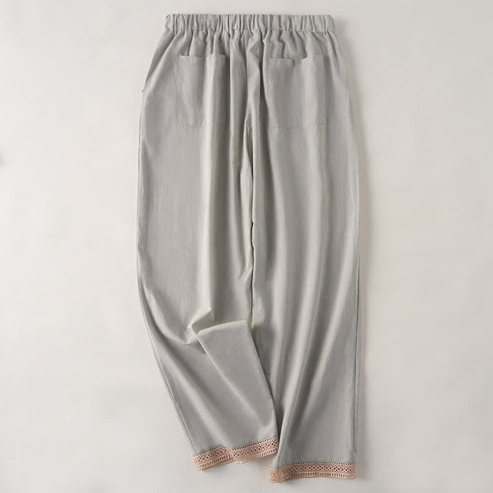 Buddha Stones Pantalones de mujer de color liso, corte ajustado, con dobladillo ribeteado con encaje y bolsillos, ideales para el verano. - image 10
