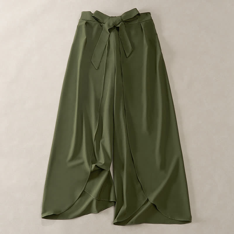 Buddha Stones Elegante pantalón de mujer de talle alto, pierna ancha, con abertura lateral, cordón ajustable y diseño de lazo. - Verde oliva oscuro - US16，UK/AU20，EU48 (3XL) - image 0