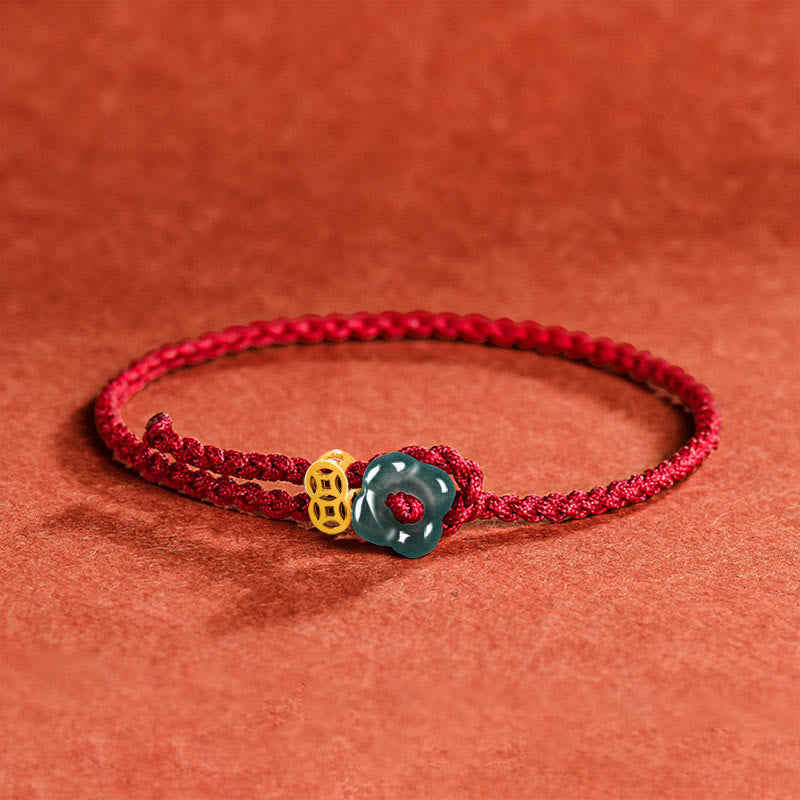 Buddha Stones Pulsera de hilo rojo con moneda de cobre y flor de jade de la suerte - Jade (circunferencia de la muñeca: 13-19 cm) - image 0