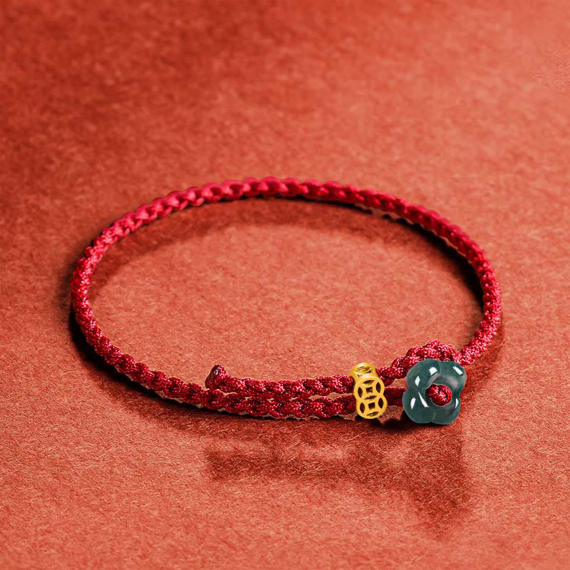 Buddha Stones Pulsera de hilo rojo con moneda de cobre y flor de jade de la suerte - image 2