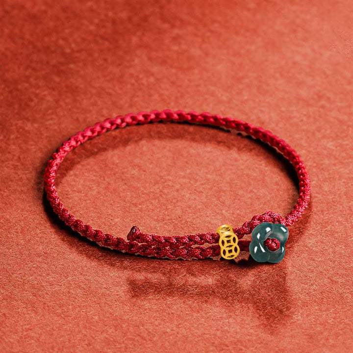 Buddha Stones Pulsera de hilo rojo con moneda de cobre y flor de jade de la suerte - image 2