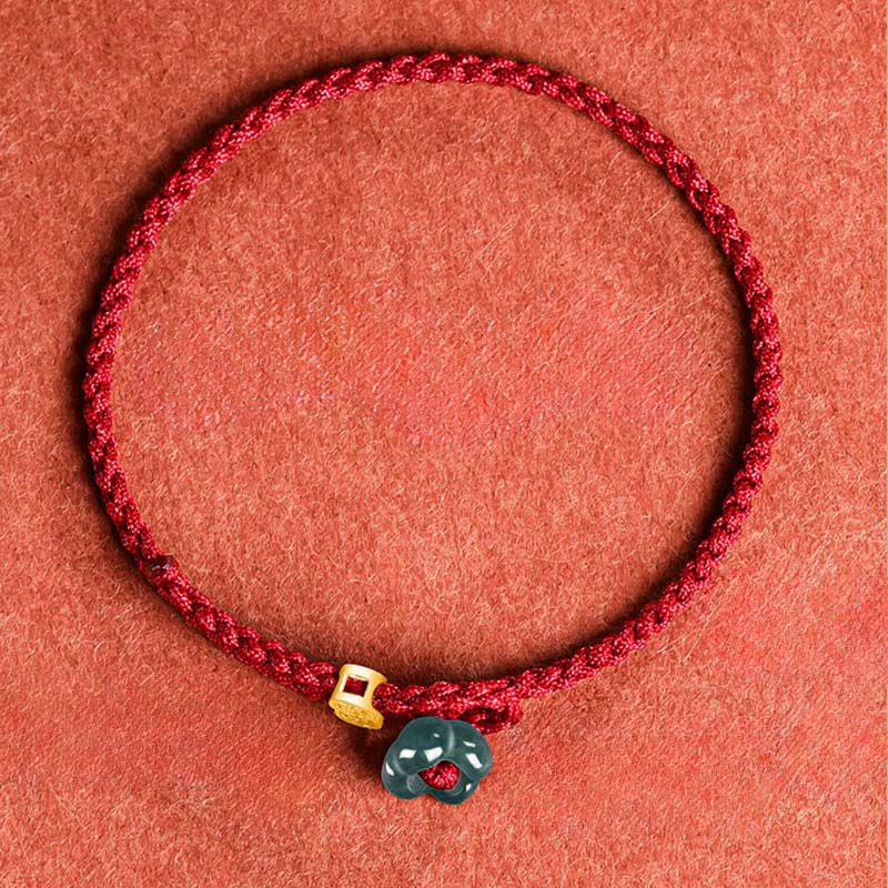 Buddha Stones Pulsera de hilo rojo con moneda de cobre y flor de jade de la suerte - image 3