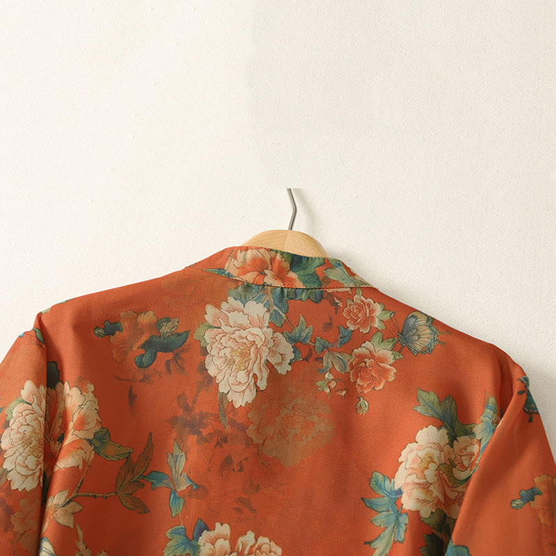 Buddha Stones Minivestido de manga corta con cuello alto, botones de rana y estampado floral. - image 11