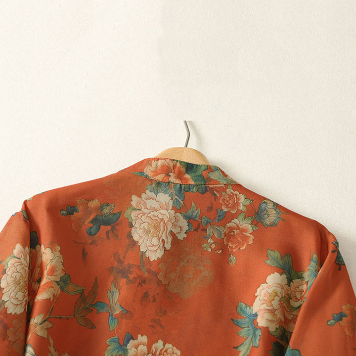 Buddha Stones Minivestido de manga corta con cuello alto, botones de rana y estampado floral. - image 11