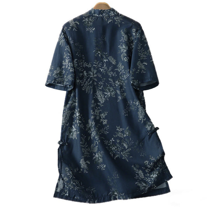 Buddha Stones Minivestido de manga corta con cuello alto, botones de rana y estampado floral. - image 2
