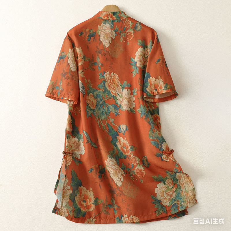 Buddha Stones Minivestido de manga corta con cuello alto, botones de rana y estampado floral. - image 9