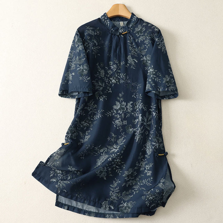 Buddha Stones Minivestido de manga corta con cuello alto, botones de rana y estampado floral. - Azul medianoche - US12, UK/AU16, EU44 (2XL) - image 0