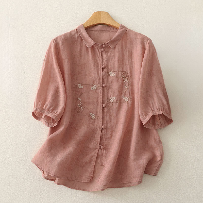 Buddha Stones Camisa de verano para mujer con cuello alto, diseño de botones bordados y mangas tres cuartos. - Salmón oscuro - US8-10，UK/AU12-14，EU40-42 (2XL) - image 5