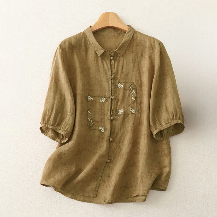 Buddha Stones Camisa de verano para mujer con cuello alto, diseño de botones bordados y mangas tres cuartos. - Perú - US8-10，UK/AU12-14，EU40-42 (2XL) - image 14