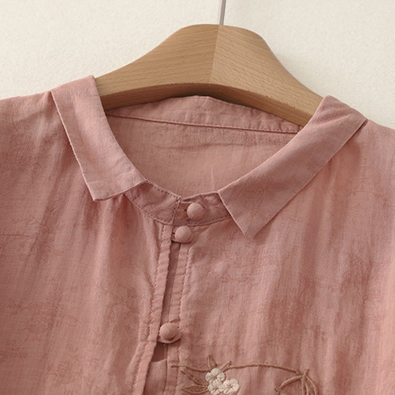 Buddha Stones Camisa de verano para mujer con cuello alto, diseño de botones bordados y mangas tres cuartos. - image 7