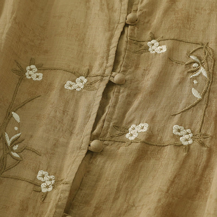 Buddha Stones Camisa de verano para mujer con cuello alto, diseño de botones bordados y mangas tres cuartos. - image 16