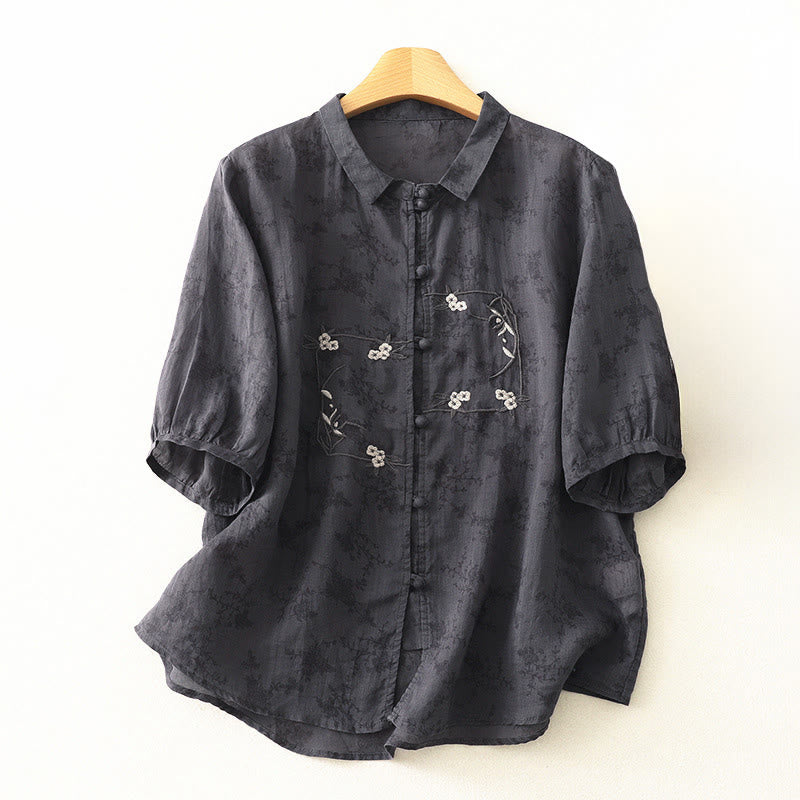 Buddha Stones Camisa de verano para mujer con cuello alto, diseño de botones bordados y mangas tres cuartos. - Gris oscuro - US8-10，UK/AU12-14，EU40-42 (2XL) - image 0