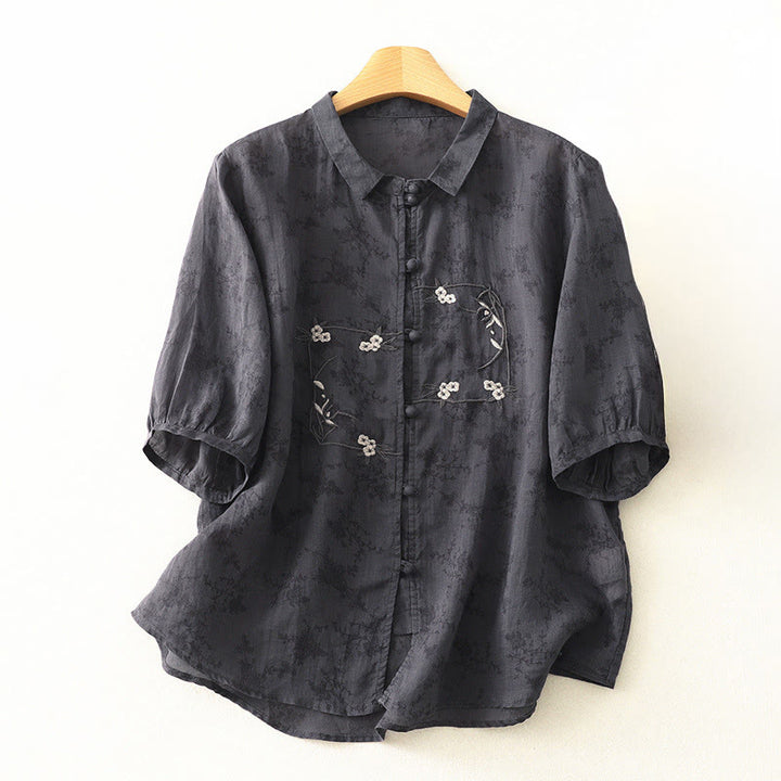 Buddha Stones Camisa de verano para mujer con cuello alto, diseño de botones bordados y mangas tres cuartos. - Gris oscuro - US8-10，UK/AU12-14，EU40-42 (2XL) - image 0