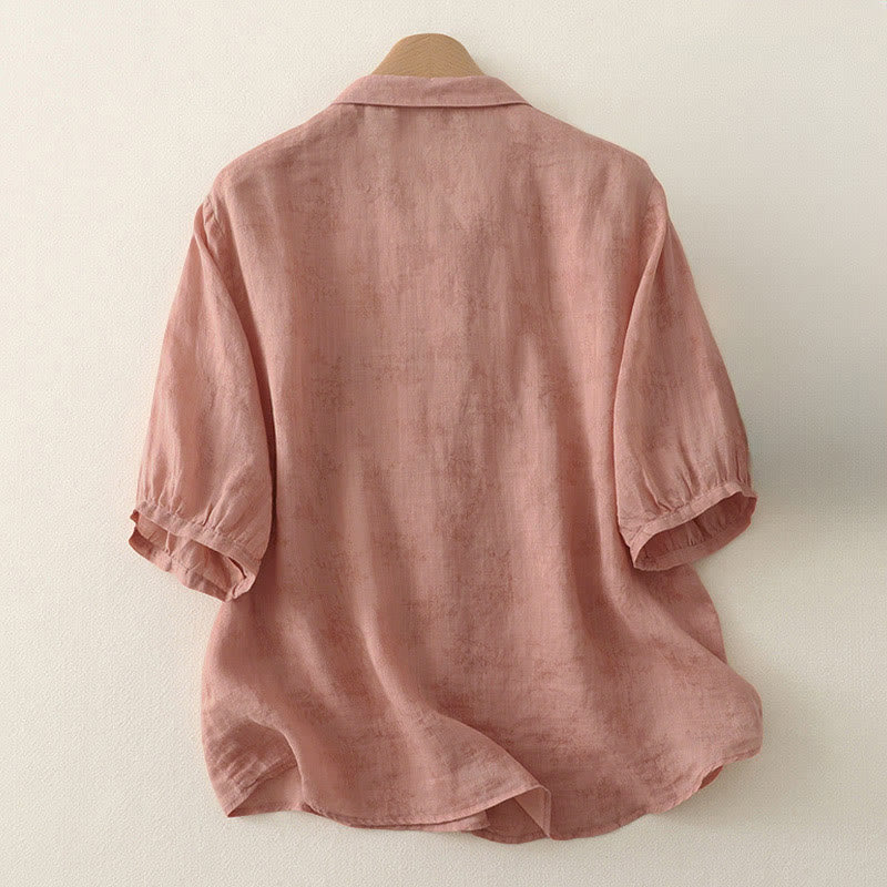 Buddha Stones Camisa de verano para mujer con cuello alto, diseño de botones bordados y mangas tres cuartos. - image 6