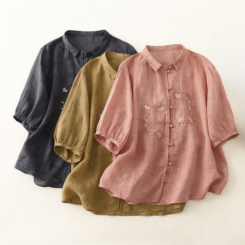 Buddha Stones Camisa de verano para mujer con cuello alto, diseño de botones bordados y mangas tres cuartos. - image 19
