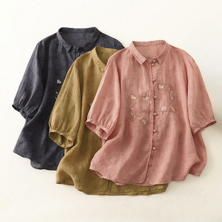 Buddha Stones Camisa de verano para mujer con cuello alto, diseño de botones bordados y mangas tres cuartos. - image 19