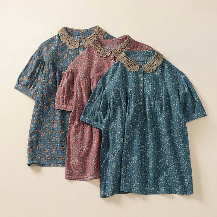 Buddha Stones Camisa de manga corta de algodón para mujer con diseño de botones frontales y estampado floral. - image 12