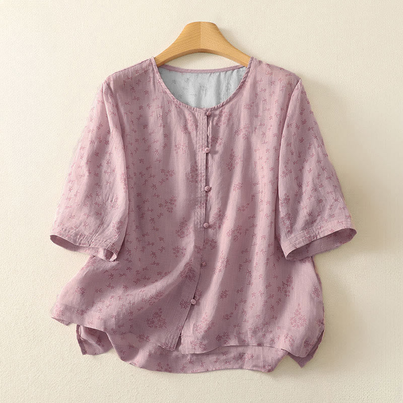 Buddha Stones Camisa informal de mujer con estampado floral y mangas tres cuartos con botones. - Rubor lavanda - US12, UK/AU16, EU44 (3XL) - image 0