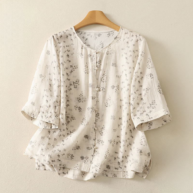 Buddha Stones Camisa informal de mujer con estampado floral y mangas tres cuartos con botones. - Limón Chiffon - US12, UK/AU16, EU44 (3XL) - image 10