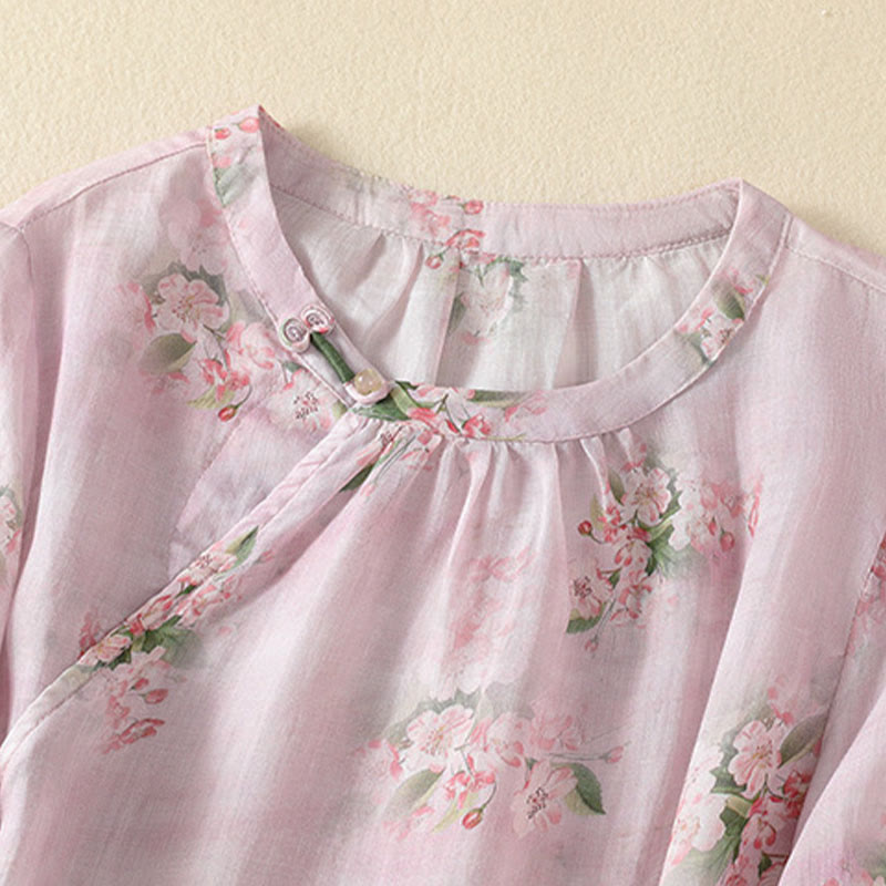 Buddha Stones Blusa informal de manga corta con cuello redondo, botones de rana y estampado floral para mujer. - image 9